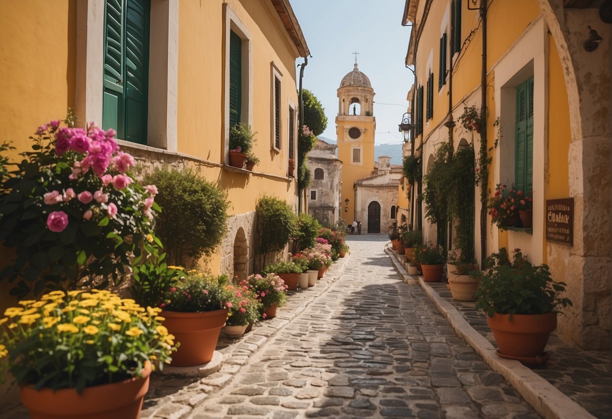 The narrow cobblestone streets of Old Town Corfu are lined with colorful buildings and blooming flowers, while the sound of church bells fills the air