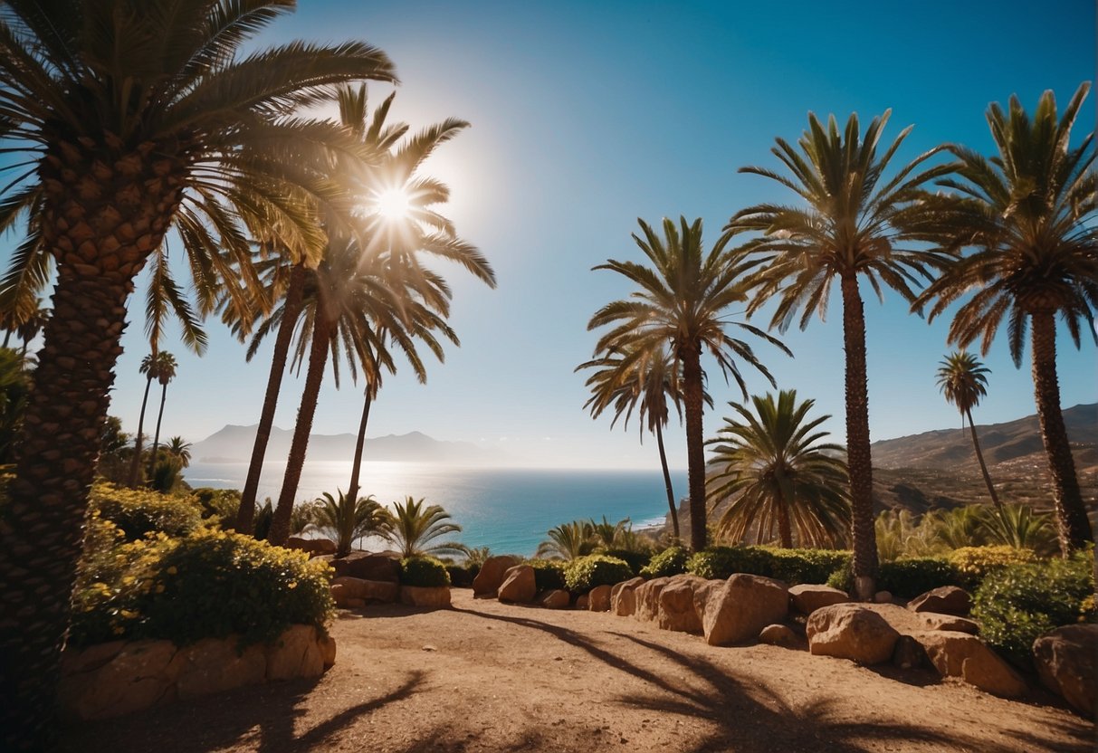 Sunny Tenerife South: palm trees, blue skies, beach, warm climate