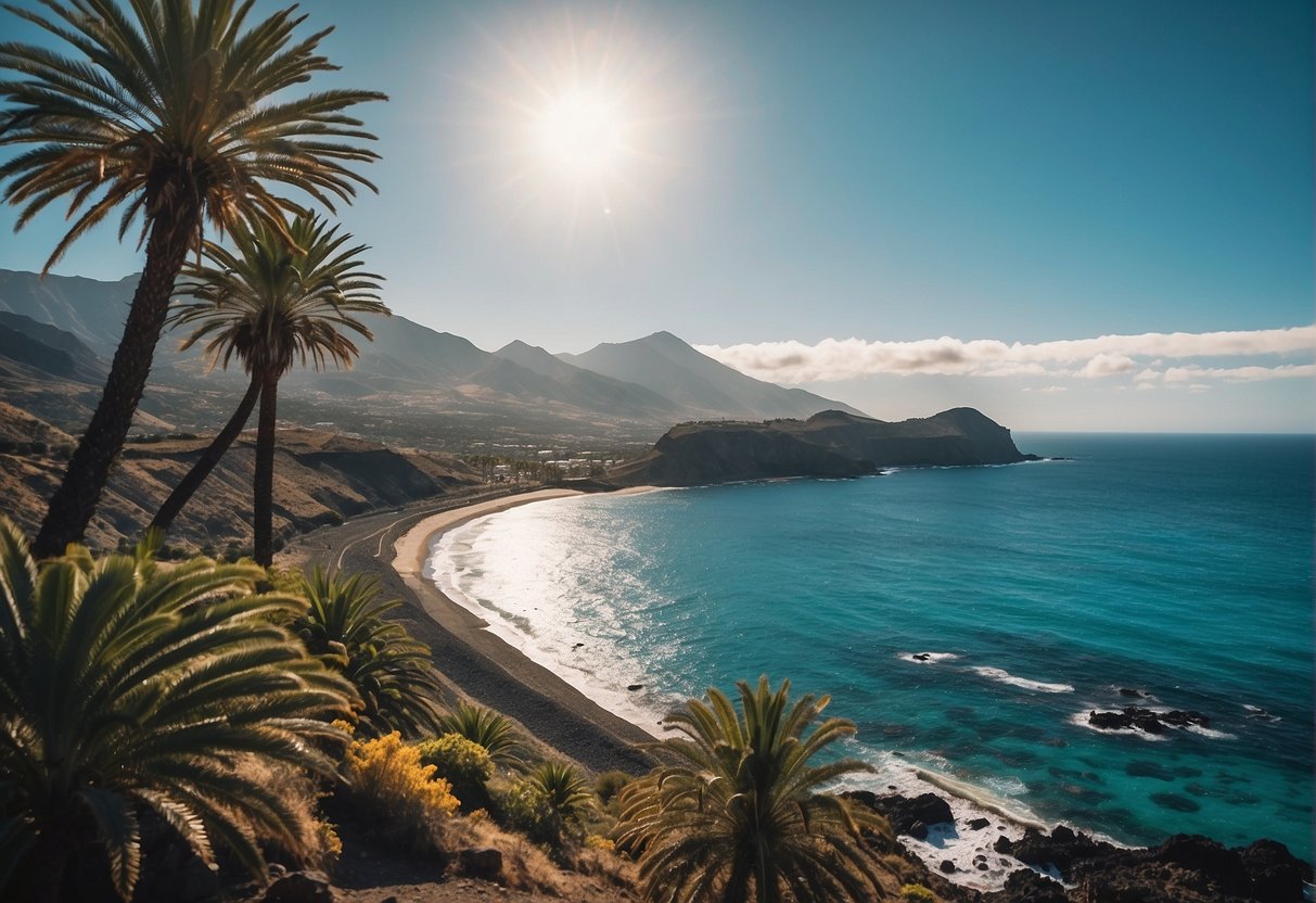 Vibrant colors of southern Tenerife: sunny skies, palm trees, turquoise waters, and volcanic landscapes