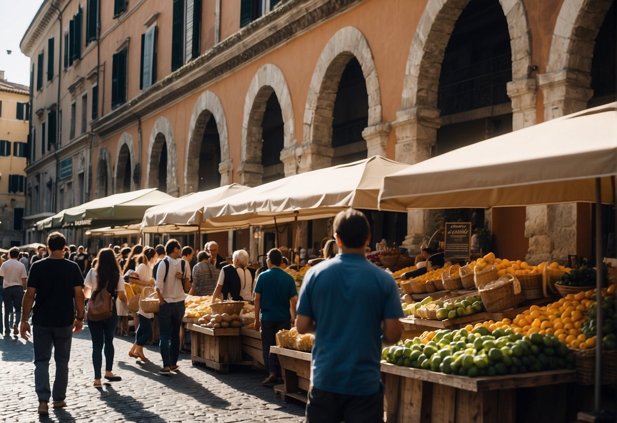 Vibrant weekend scene in Rome, with bustling markets, lively street performers, and tourists admiring ancient ruins