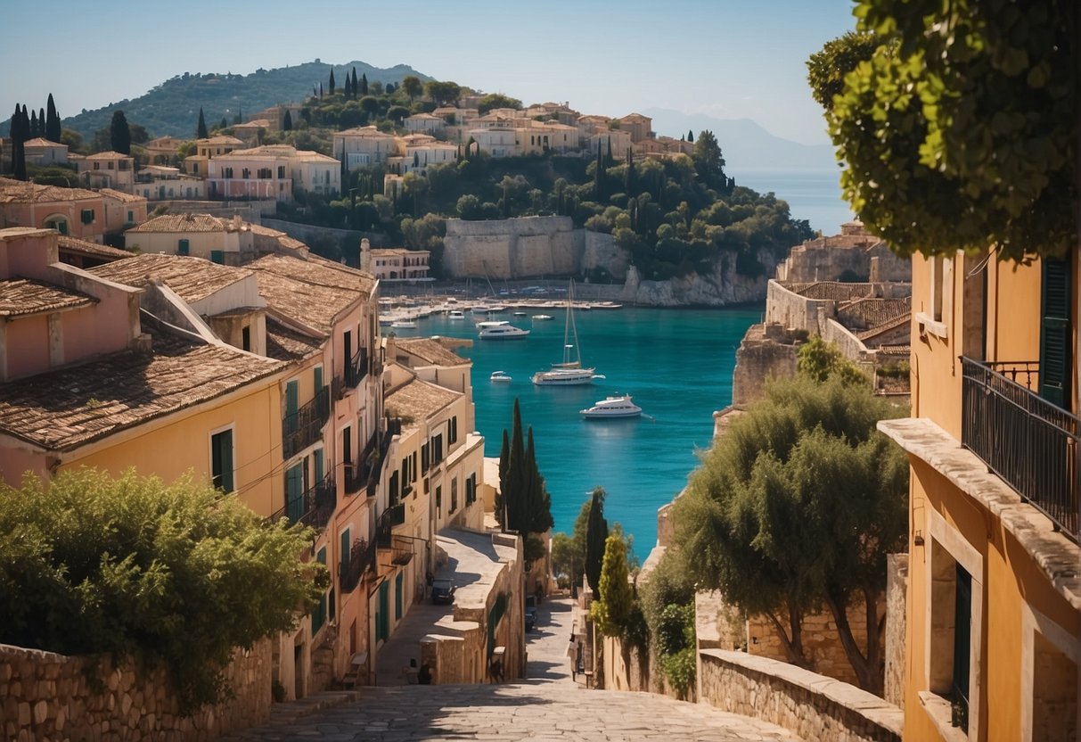 The old town of Corfu, with its colorful buildings and cobblestone streets, is surrounded by a medieval fortress and overlooks the sparkling blue sea