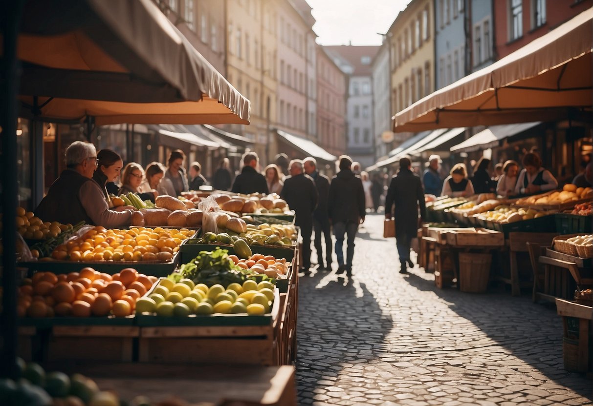 A bustling market in Toruń, filled with colorful stalls and bustling with shoppers. The aroma of fresh produce and baked goods fills the air