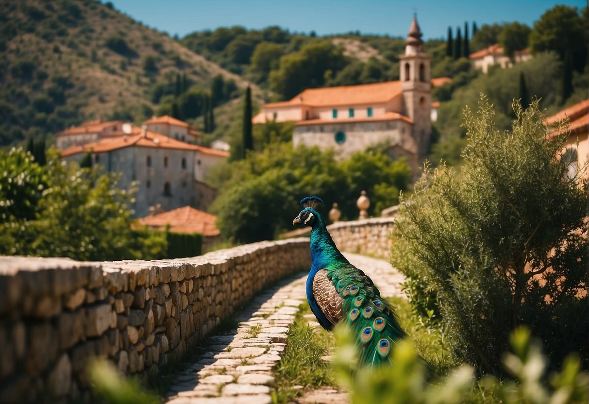 Lush greenery surrounds a charming Croatian village with traditional architecture. Colorful peacocks roam freely, adding a lively touch to the serene setting