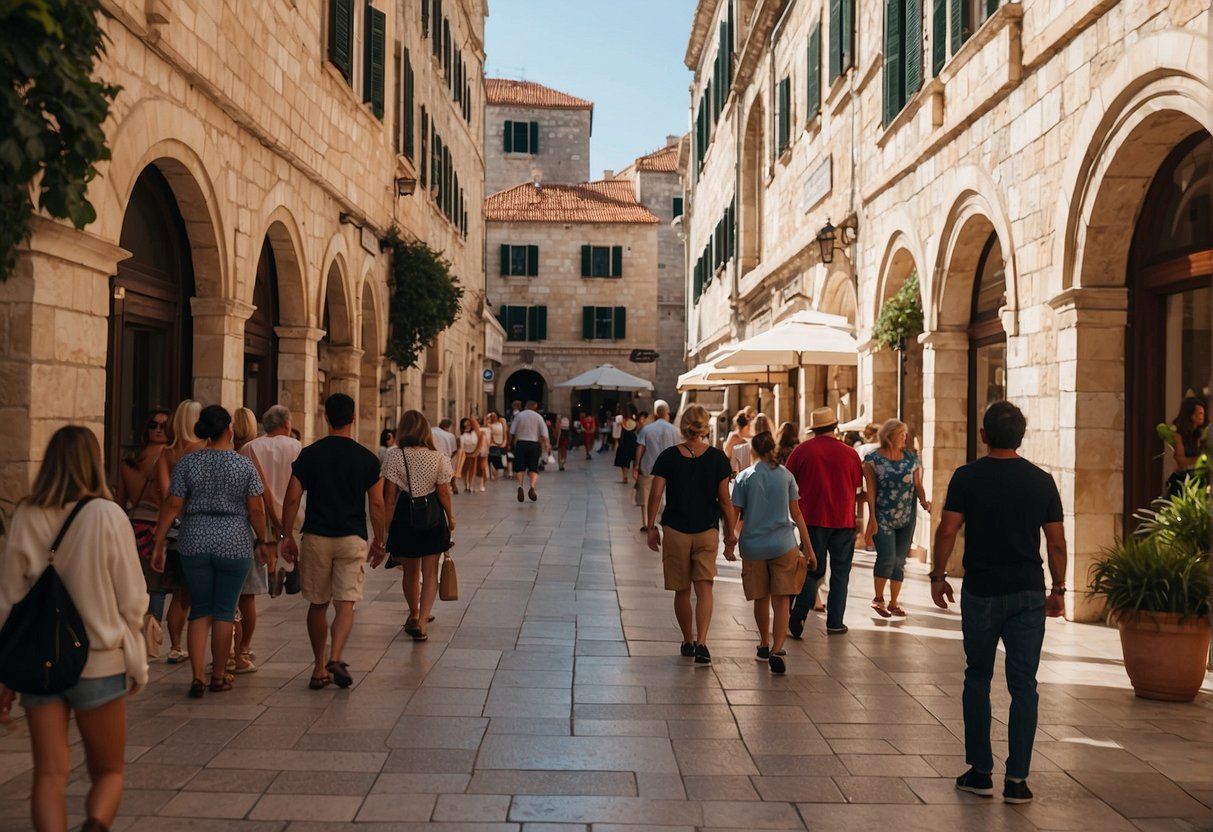 A bustling street in Dubrovnik, lined with historic museums and art galleries, filled with tourists and locals exploring the cultural treasures