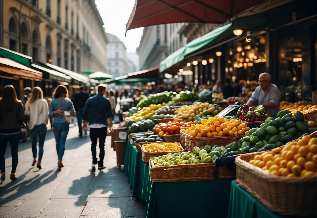 Busy Milan street with outdoor markets and bustling cafes. People shopping for fresh produce and enjoying Italian cuisine