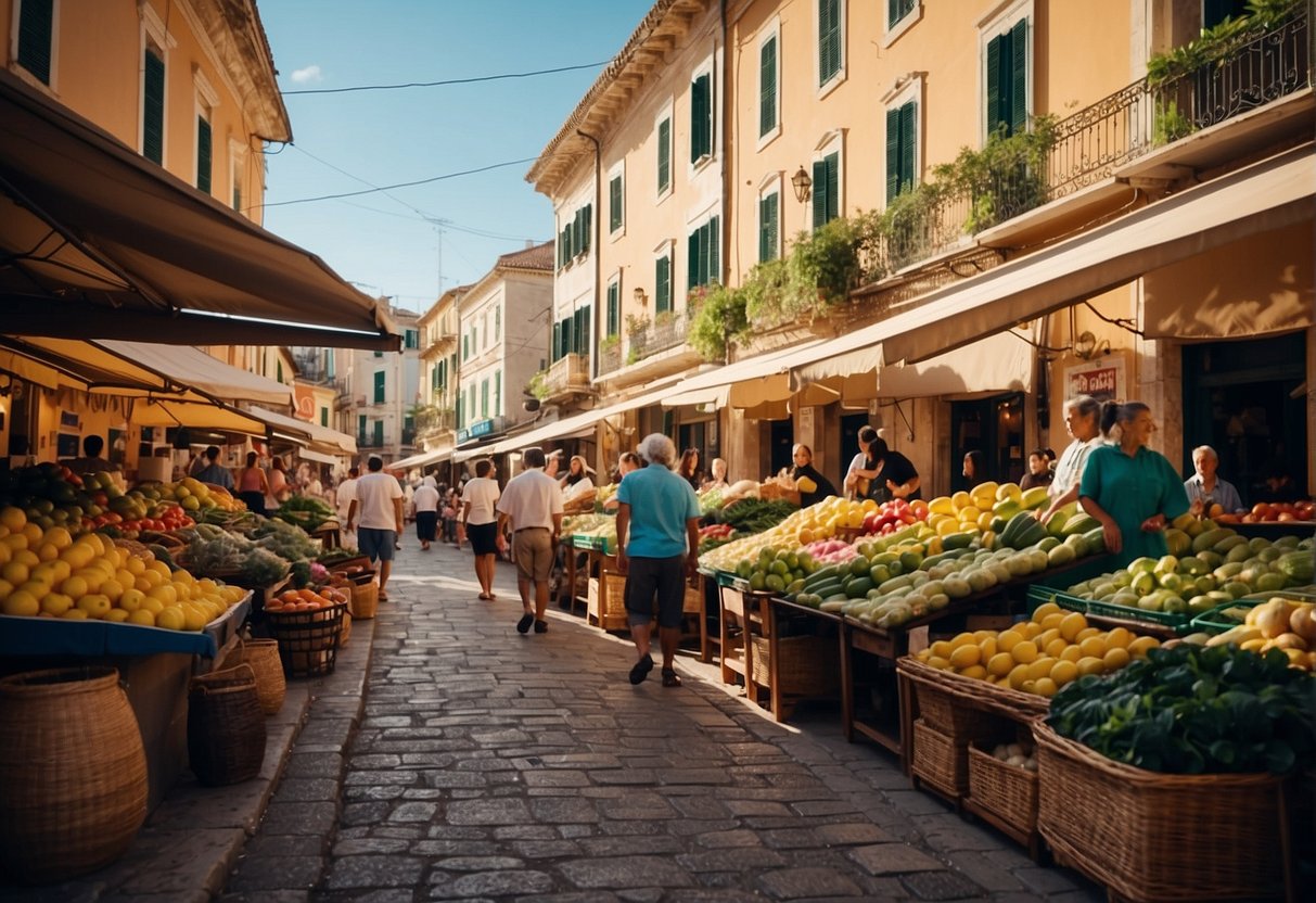 A bustling market on the old streets of Corfu, with colorful buildings, cobblestone paths, and locals selling fresh produce and handmade crafts
