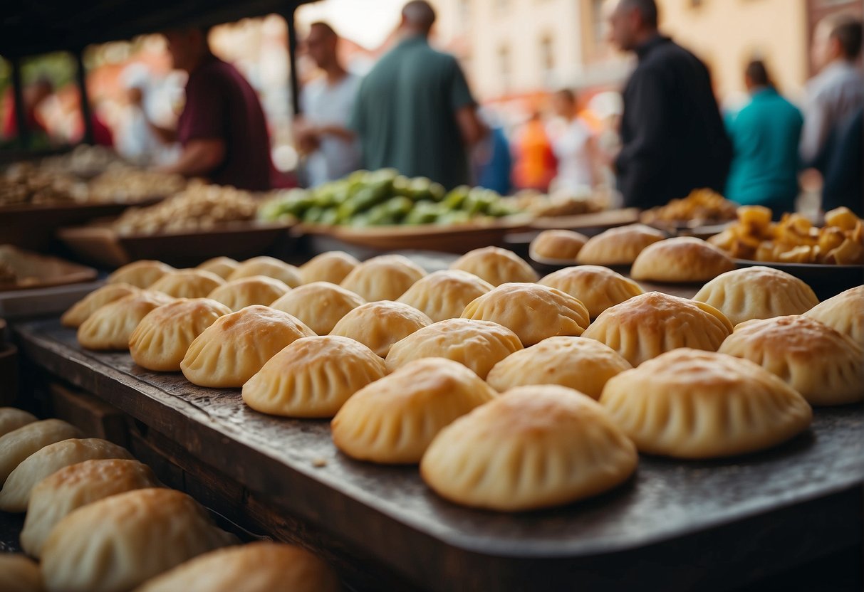 A bustling outdoor market in Lublin, filled with colorful stalls and enticing aromas of local cuisine. Patrons sample pierogi and savor the lively atmosphere