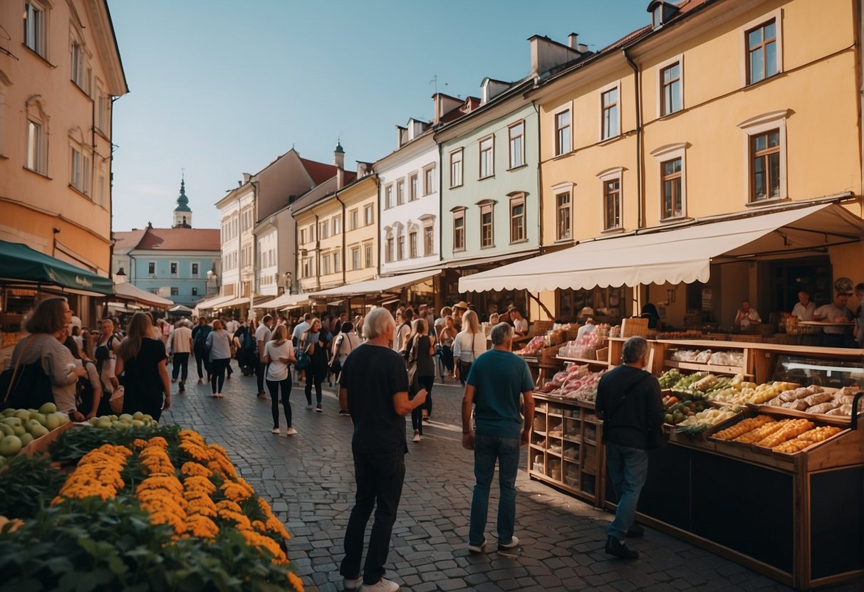 A bustling street in Lublin, filled with colorful market stalls and lively street performers, surrounded by historic buildings and vibrant murals