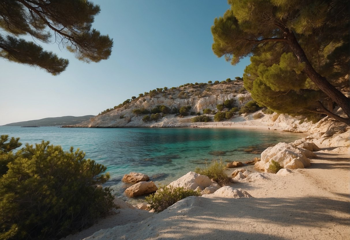 A scenic view of the beaches in Novalja, Croatia, with clear blue waters and sandy shores, surrounded by lush greenery and rocky cliffs