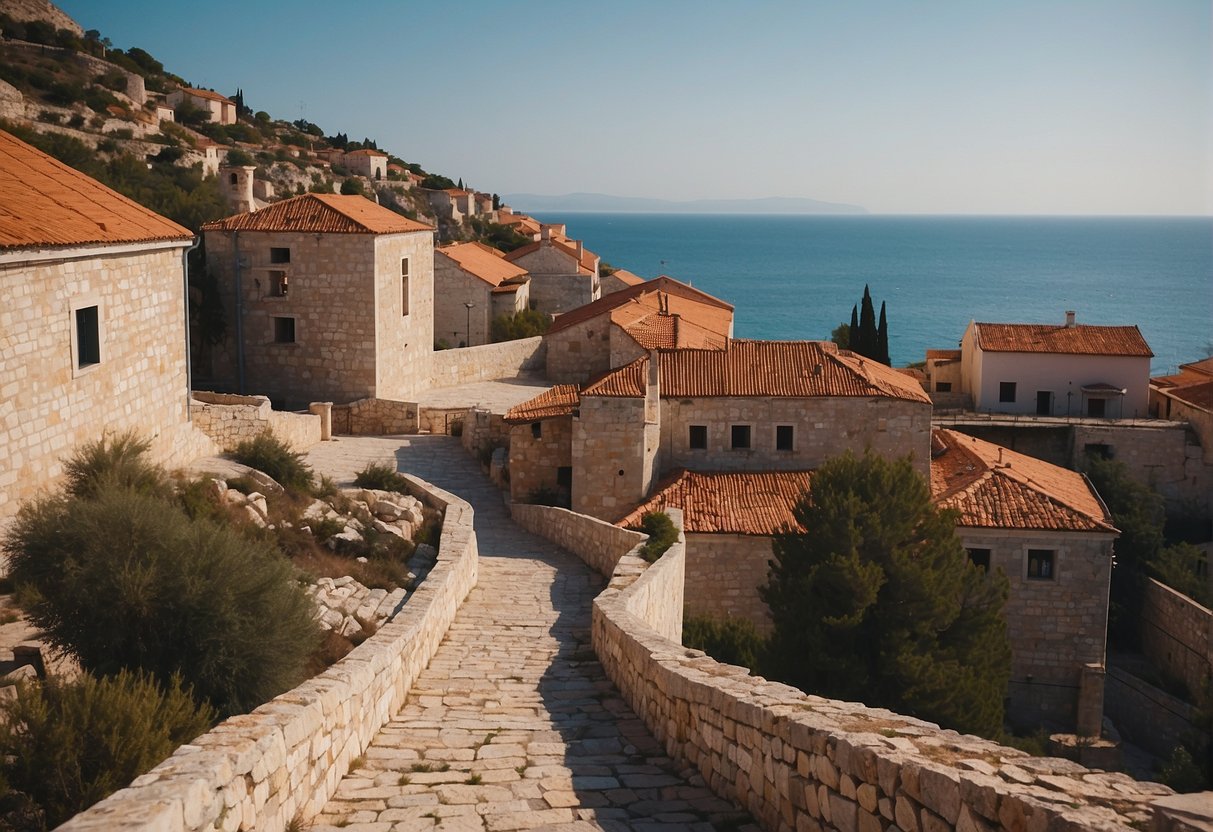 Ancient buildings and cultural landmarks in Novalja, Croatia, with a scenic backdrop