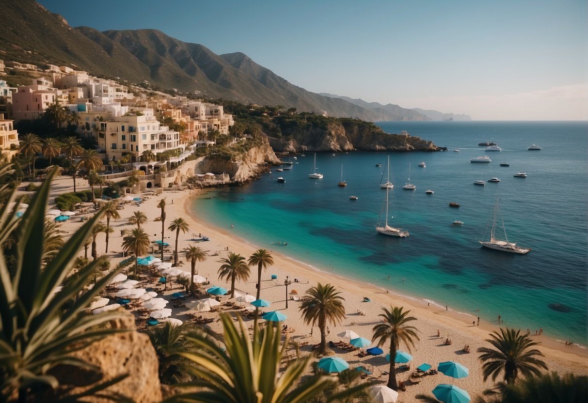 Vibrant seaside town with colorful buildings, palm trees, and crystal-clear waters. Rocky cliffs and sandy beaches line the coast, with boats and yachts dotting the horizon