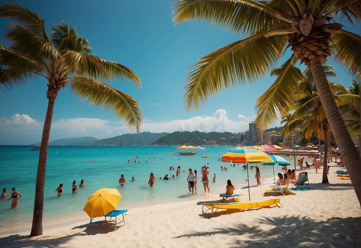 A sunny beach with turquoise waters, palm trees, and colorful umbrellas scattered along the shore, with people playing beach volleyball and swimming in the clear water