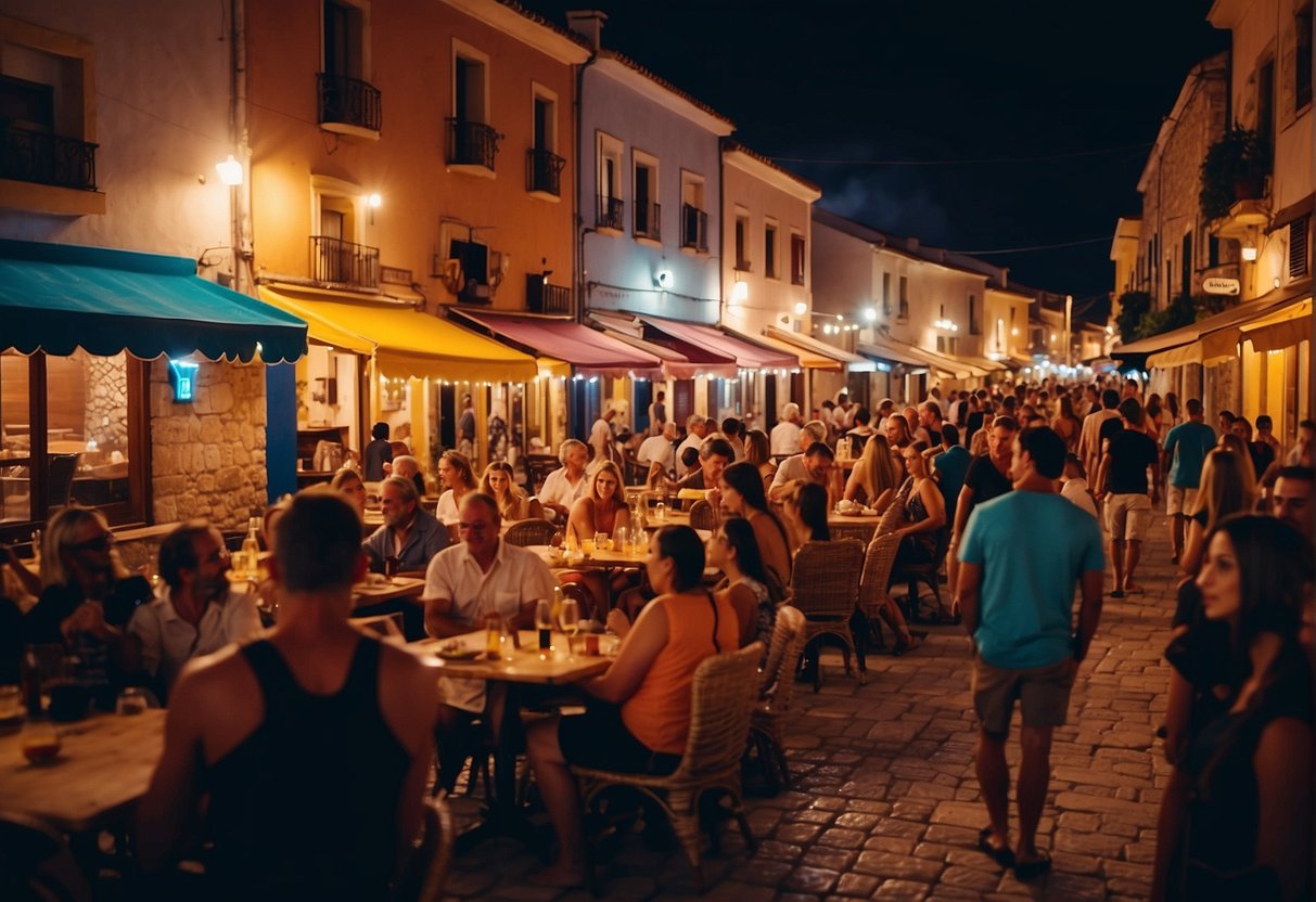 Vibrant nightlife in Novalja, Croatia. Colorful lights illuminate bustling streets, lively music fills the air, and people enjoy various entertainment attractions