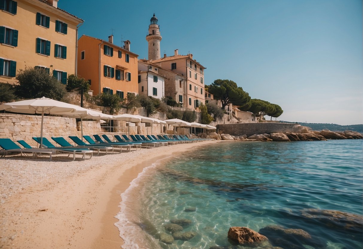 Sandy beach in Rovinj, with clear blue waters and colorful umbrellas dotting the shoreline. A lighthouse stands tall in the distance, surrounded by charming old buildings