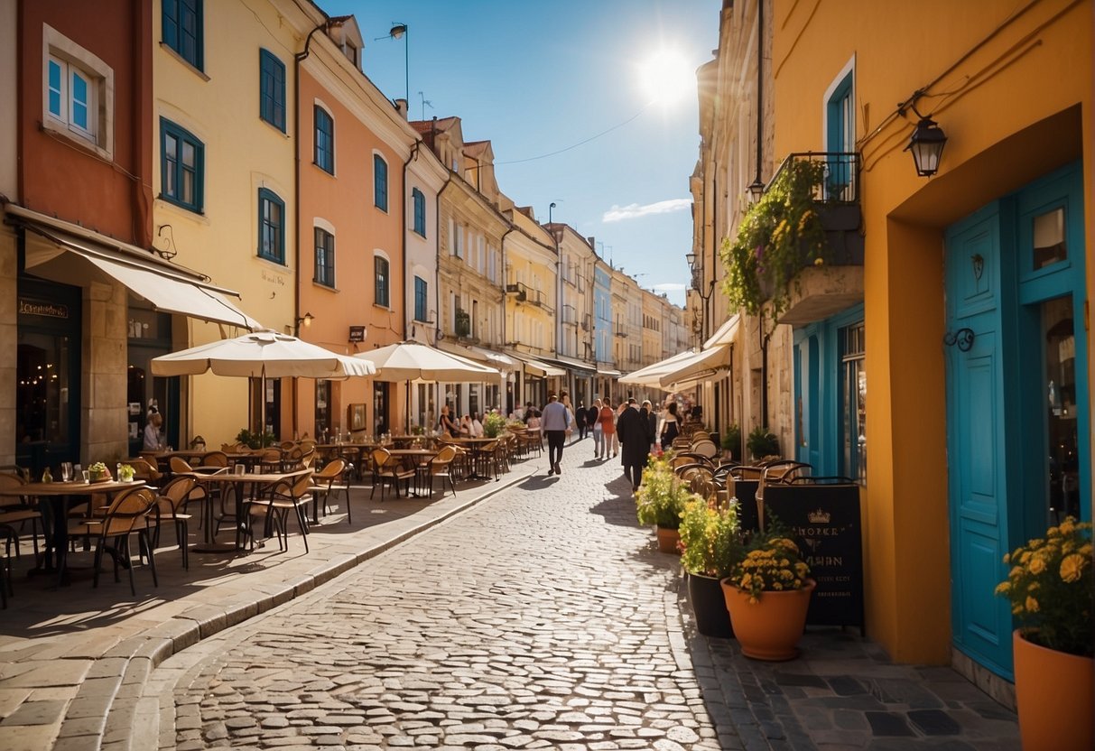 Colorful buildings line the cobblestone streets of Malta Poznań, with bustling cafes and shops drawing in visitors. The historic architecture and vibrant atmosphere make it a charming and lively destination