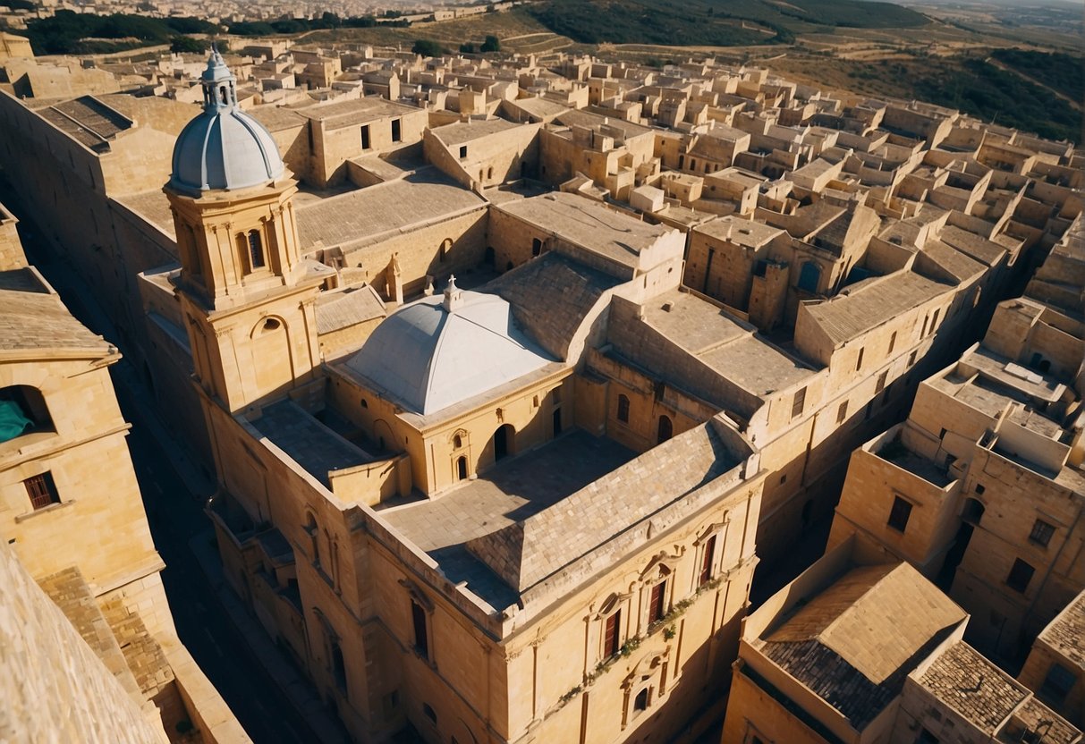 Aerial view of Mdina, Malta with winding streets and historic buildings