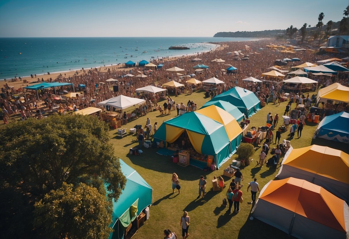 A vibrant scene of a coastal festival with colorful tents, lively music, and people enjoying local food and crafts along the azure shoreline