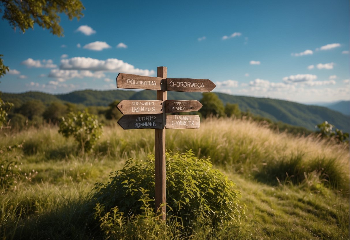 A signpost stands against a backdrop of clear blue skies and lush greenery, with the words "Frequently Asked Questions" and "Premantura, Chorwacja" prominently displayed