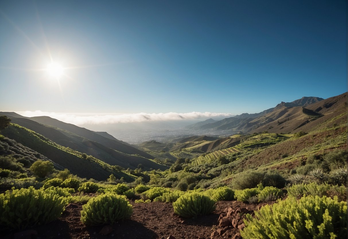 Lush green landscape of Northern Tenerife, with rolling hills and a clear blue sky