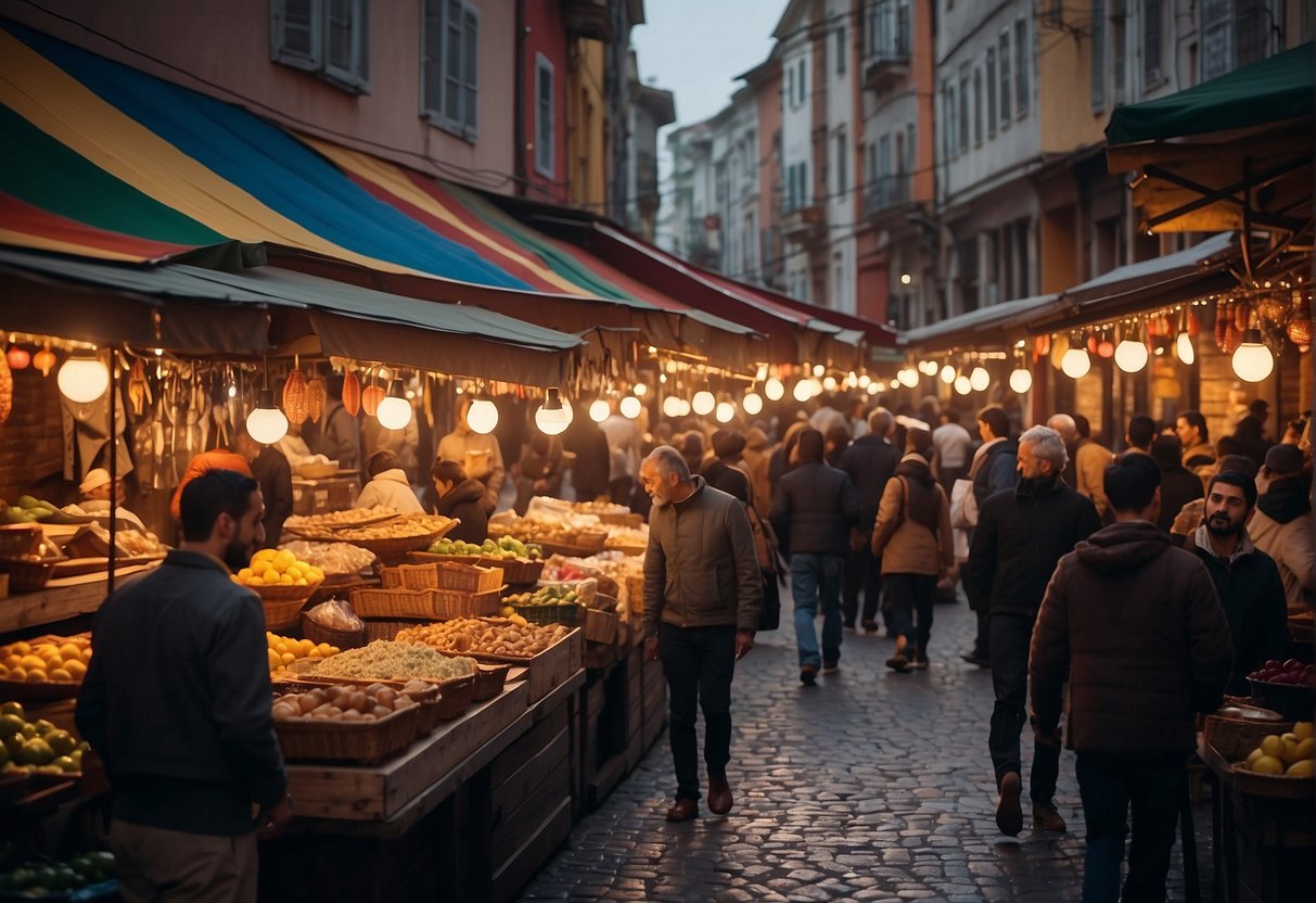 A bustling street in Istanbul with colorful hostels lining the cobblestone road, surrounded by vibrant market stalls and the sound of lively chatter