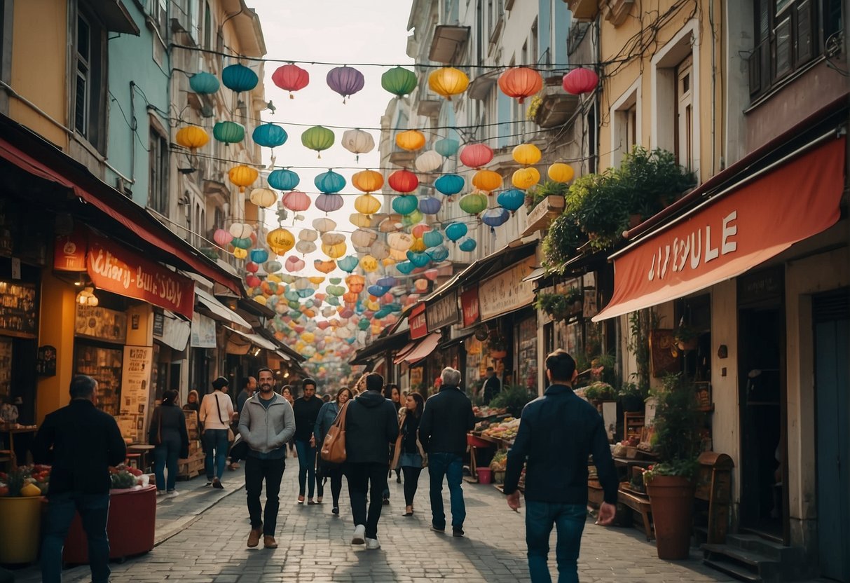 A bustling street in Istanbul with colorful signs for various hostels, showcasing the diverse types of accommodations available in the city