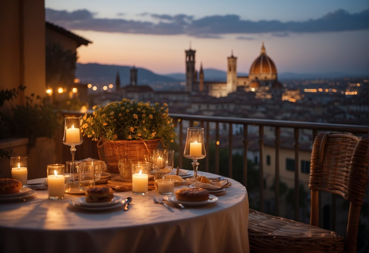 A cozy bed and breakfast in Florence, Italy with a view of the iconic Duomo and the Arno River at sunset