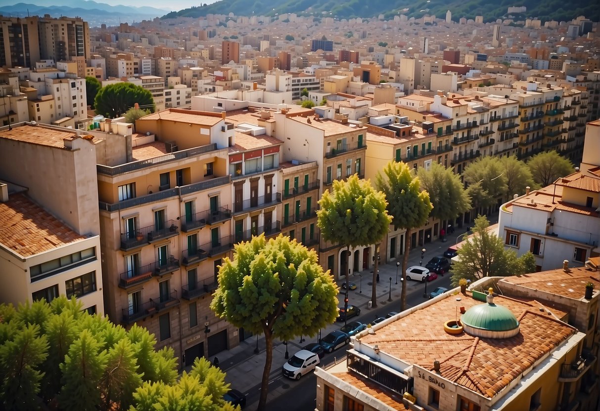 Aerial view of budget accommodations in Barcelona, with colorful buildings and bustling streets