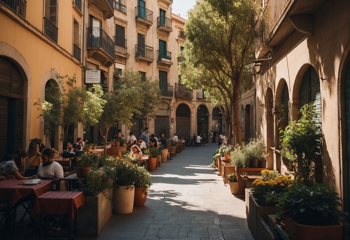 A bustling street in Barcelona's budget-friendly neighborhoods with colorful buildings and cozy hostels