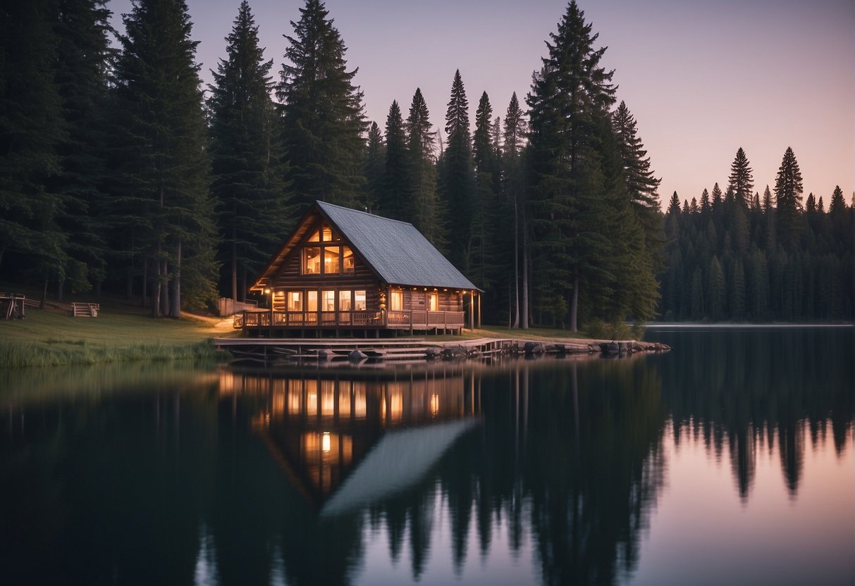 A serene lake at dusk, with a cozy cabin nestled among tall trees and a soft glow from the windows reflecting on the tranquil water