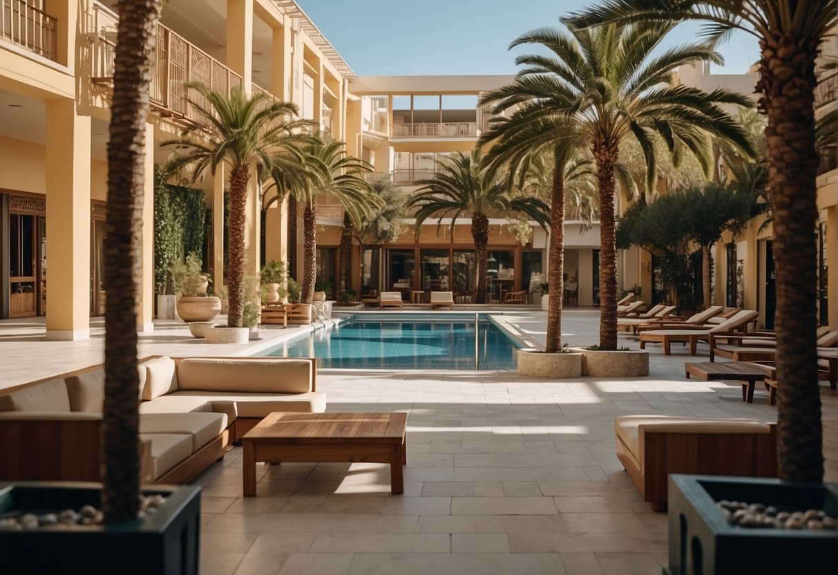 A sunny hotel courtyard in Heraklion, Crete, with palm trees, a swimming pool, and outdoor seating areas